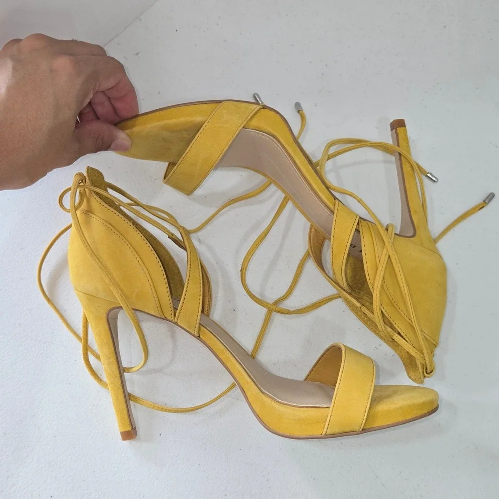 Gianni Bini Daymey Yellow Leather Lace Up Strappy Stiletto Sandals Size 8M